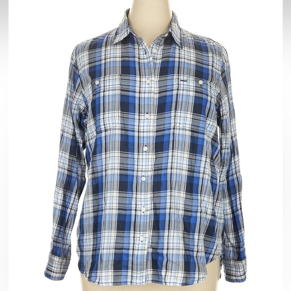 Ralph Lauren Blue & White Plaid Button Down Shirt Relaxed Notched Collar Size XL - Picture 2 of 8